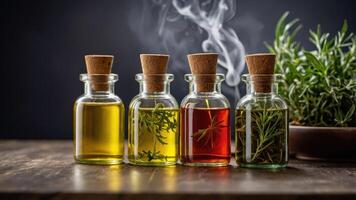 Four glass bottles with infused oils and herbs, creating a rustic culinary atmosphere. photo