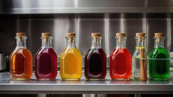 A collection of colorful bottles containing various liquids on a kitchen countertop. photo