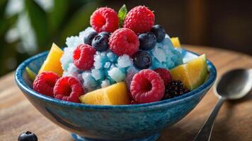 A colorful bowl of shaved ice topped with various fresh fruits. photo