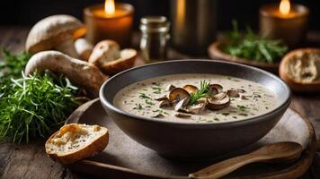 A bowl of creamy mushroom soup with herbs, accompanied by bread and mushrooms on a rustic table. photo