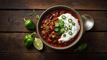 A bowl of chili topped with sour cream, green onions, and cilantro, served with lime and peppers. photo