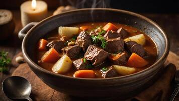 A hearty bowl of beef stew with carrots and potatoes, steaming and flavorful. photo