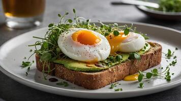 A plate featuring avocado toast topped with poached eggs and microgreens. photo