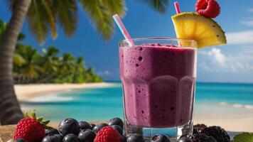 A refreshing smoothie with berries and pineapple, set against a tropical beach backdrop. photo