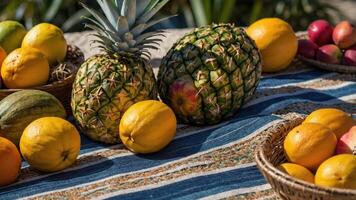 A vibrant display of assorted fruits on a textured tablecloth. photo