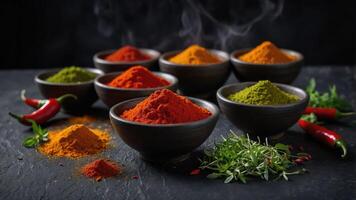 A vibrant display of various spices in bowls, highlighting culinary diversity and flavor. photo