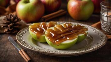 Sliced green apples drizzled with caramel on a decorative plate, surrounded by whole apples. photo