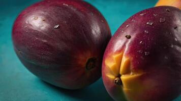 Two ripe fruits with a glossy exterior and droplets of water on a textured background. photo
