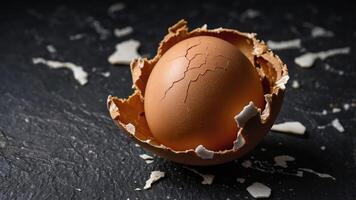 A cracked eggshell with a whole egg inside, symbolizing potential and new beginnings. photo
