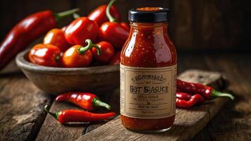 A jar of hot sauce in front of fresh chili peppers in a rustic setting. photo