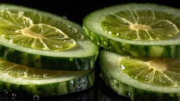 Close-up of fresh cucumber and lime slices with water droplets. photo