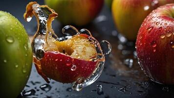 Close-up of apples with water droplets, showcasing freshness and texture. photo