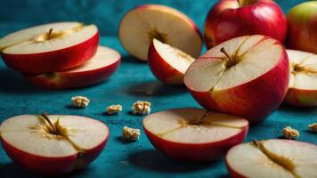 Sliced red apples arranged on a blue surface with popcorn pieces. photo