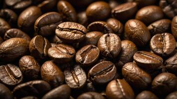 Close-up of roasted coffee beans, showcasing their rich texture and color. photo