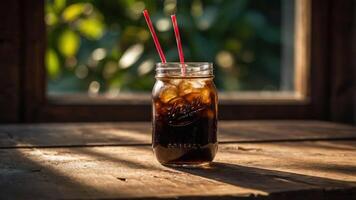 A refreshing drink in a jar with ice and straws, set against a natural backdrop. photo