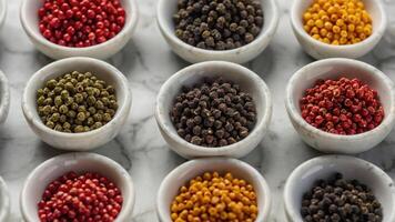 A variety of colorful spices displayed in small bowls on a marble surface. photo