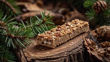 A granola bar placed on a wooden surface surrounded by pine branches and natural elements. photo