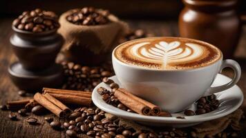 A cozy scene featuring a latte with art, coffee beans, and cinnamon sticks on a wooden surface. photo