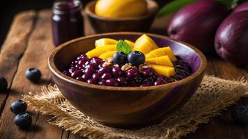 A colorful bowl of acai topped with mango, blueberries, and granola, set on a rustic table. photo