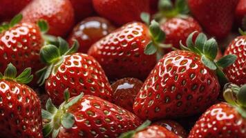 A close-up of shiny, ripe strawberries, highlighting their vibrant red color and texture. photo
