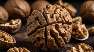 A close-up of a walnut with its shell, surrounded by broken shells and nuts. photo