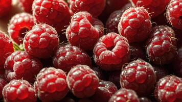 A close-up view of fresh, ripe raspberries showcasing their vibrant red color and texture. photo