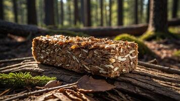 A block made of natural materials sits on a log in a forest setting. photo