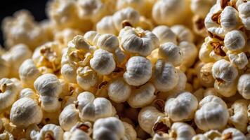 A close-up of fluffy, white popcorn kernels piled together. photo