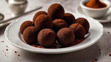 A plate of chocolate truffles dusted with cocoa powder, ready to be enjoyed as a dessert. photo