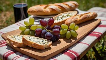 A picnic setting with baguettes, cheese spread, and grapes on a checkered cloth. photo