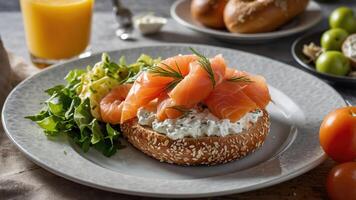A plate featuring a sesame bagel topped with cream cheese, smoked salmon, and a side salad. photo
