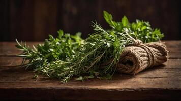 A bundle of fresh herbs tied with twine on a rustic wooden surface. photo