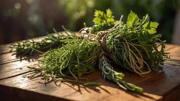 A bundle of fresh herbs tied with twine on a wooden surface, capturing a natural, rustic feel. photo