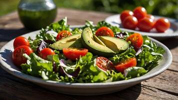 A vibrant salad with tomatoes and avocado on a rustic wooden table. photo