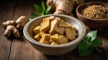 A bowl of ginger paste surrounded by fresh ginger and spices on a wooden table. photo