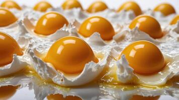 A close-up of cracked eggs showcasing bright yolks and fluffy egg whites. photo