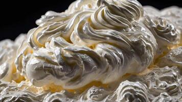 A close-up of fluffy whipped cream, showcasing its texture and swirls. photo