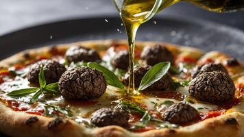 A delicious pizza topped with truffles and drizzled with olive oil, garnished with basil. photo