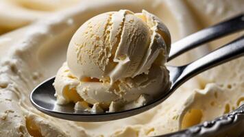 A close-up of a scoop of vanilla ice cream on a spoon, highlighting its creamy texture. photo