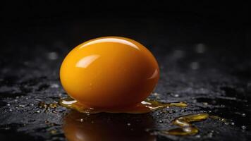 A close-up of a shiny, raw egg yolk on a dark surface, highlighting its texture and color. photo