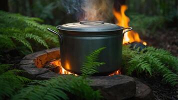 A pot cooking over an open fire surrounded by ferns in a forest setting. photo