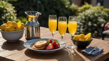 A sunny brunch scene featuring toast, strawberries, and mimosas on a wooden table. photo