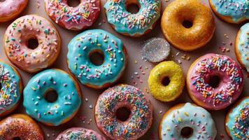 A colorful assortment of donuts with various toppings and sprinkles. photo