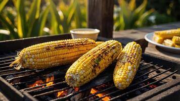 Grilled corn on the cob cooking over an open flame, showcasing a summer barbecue scene. photo