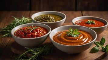 Four bowls of colorful sauces on a wooden board, garnished with herbs. photo