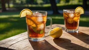 Two refreshing iced tea drinks with lemon slices on a wooden table in a sunny outdoor setting. photo