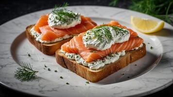 A plate featuring two slices of toast topped with smoked salmon, cream cheese, and herbs. photo