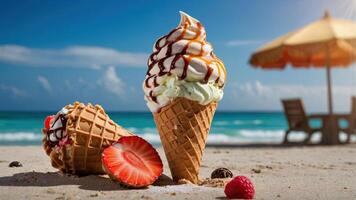 Two ice cream cones on a beach with a sunny ocean backdrop. photo