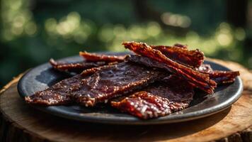 A close-up of a plate of beef jerky on a rustic wooden surface. photo