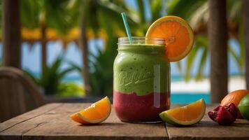 A vibrant layered smoothie in a jar, garnished with fruit, set against a tropical backdrop. photo